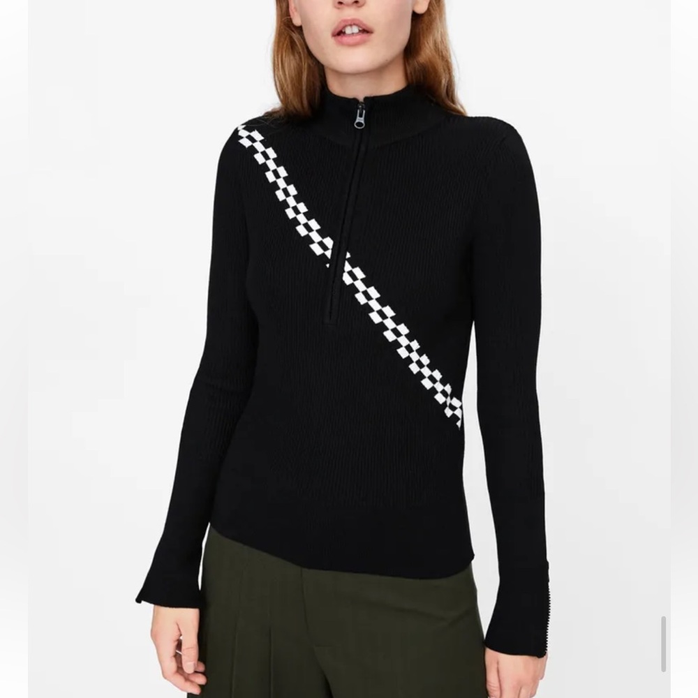 Zara black ribbed sweater checkered stripe quarter zippull over Large NWT